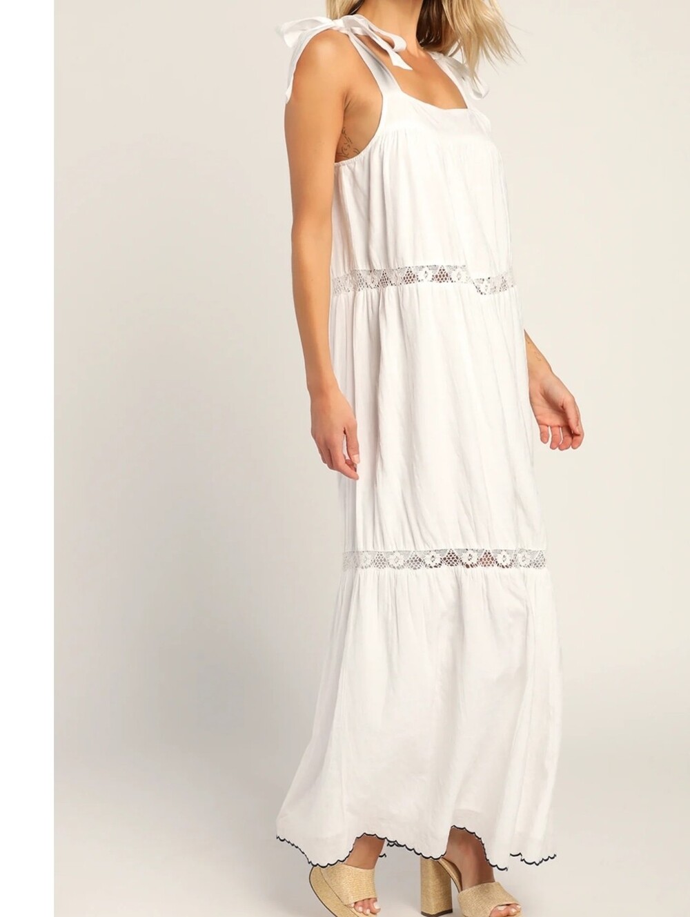 Lulu's White Tie-Shoulder Lace-Trim Maxi Dress Size S New - Picture 2 of 16